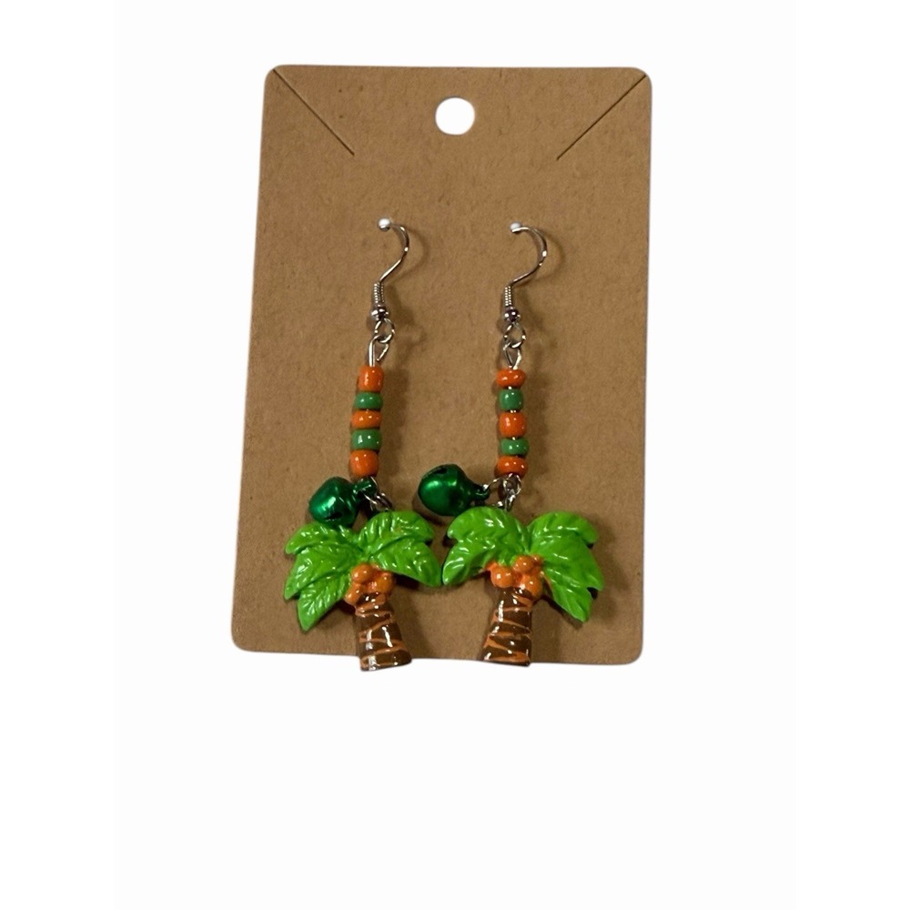 Tropical Palm Tree Dangle Earrings Green Orange Beaded Jingle Bell Summer Beach